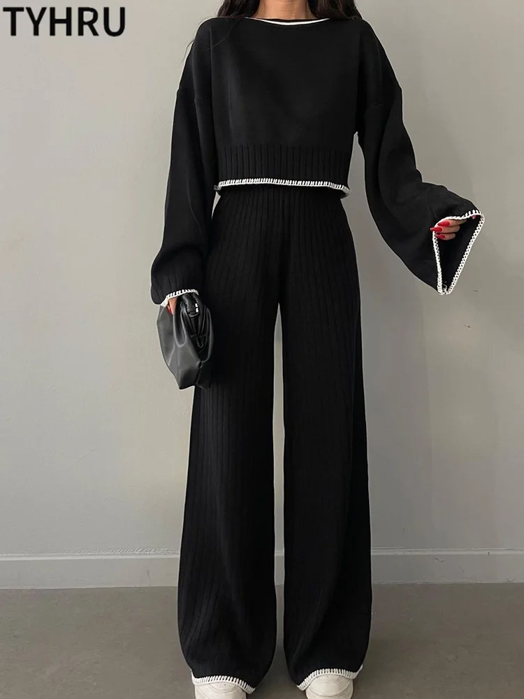 

Женский трикотажный спортивный костюм TYHRU, комплект из 2 предметов, пуловер с круглым вырезом, свитер, широкие брюки, джемпер, трикотажная ве...