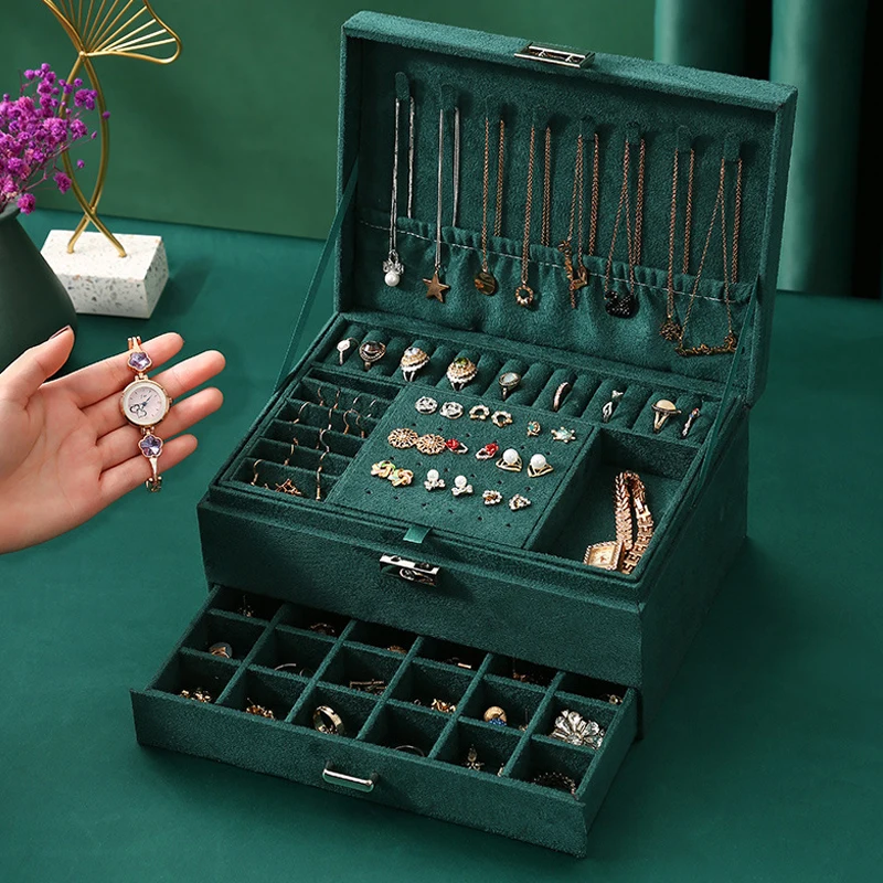 

Jewelry Box for Women Flannel Jewelry Organizer Necklace Earring Ring Display Holder Storage Box Large Capacity With Lock