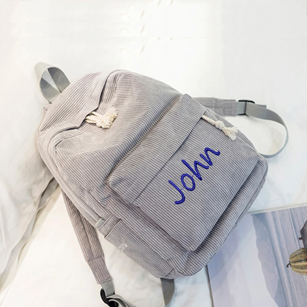 Corduroy Large capacity backpack with name,Personalised Embroidered Any name Schoolbag for Junior High school Students
