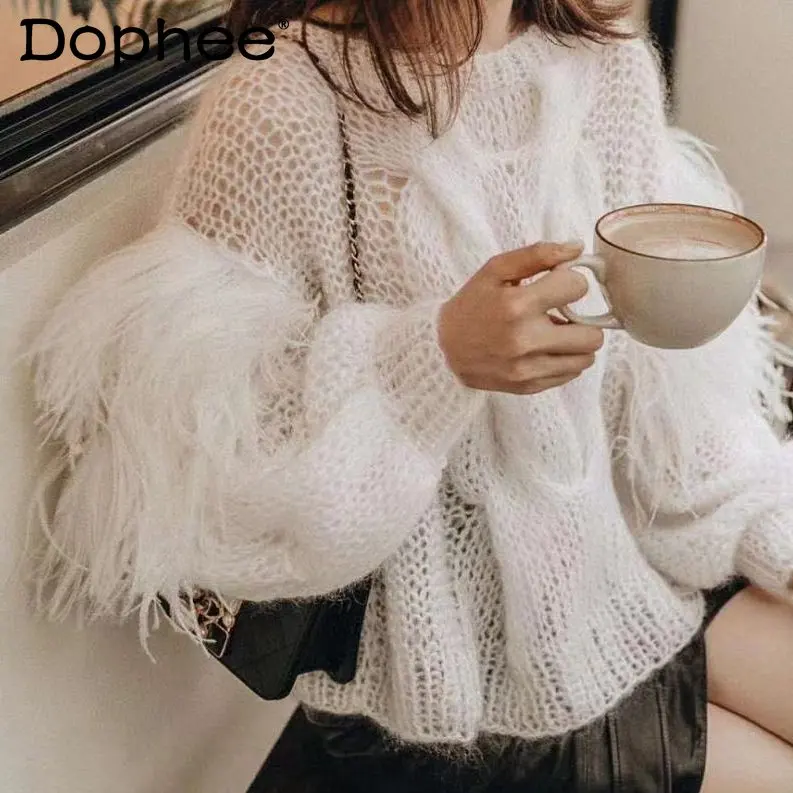 

Женский свитер с перьями и рукавами-фонариками, повседневный свободный трикотажный пуловер белого цвета, Осень-зима 2022