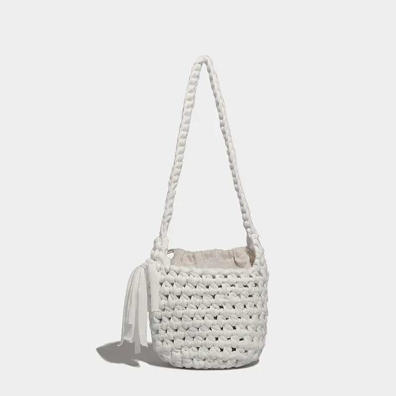 LOERSS Fabric Bucket Bag Knitted Shoulder Bag Beach Vacation Crossbody Bag for Women Hollow Casual Handbag Handmade Female Bag