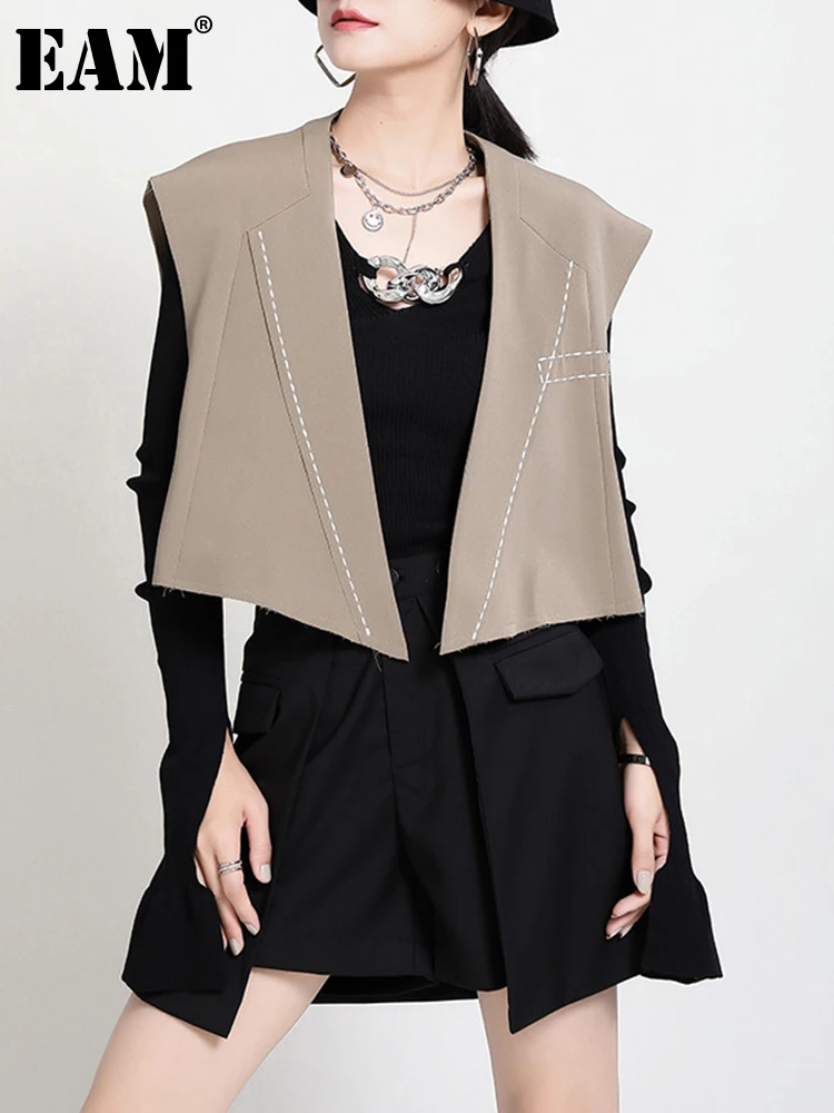 

[EAM] Women Loose Fit Line Split Joint Short Irregular Vest New V-collar Sleeveless Fashion Tide Spring Autumn 2022 1DD0347