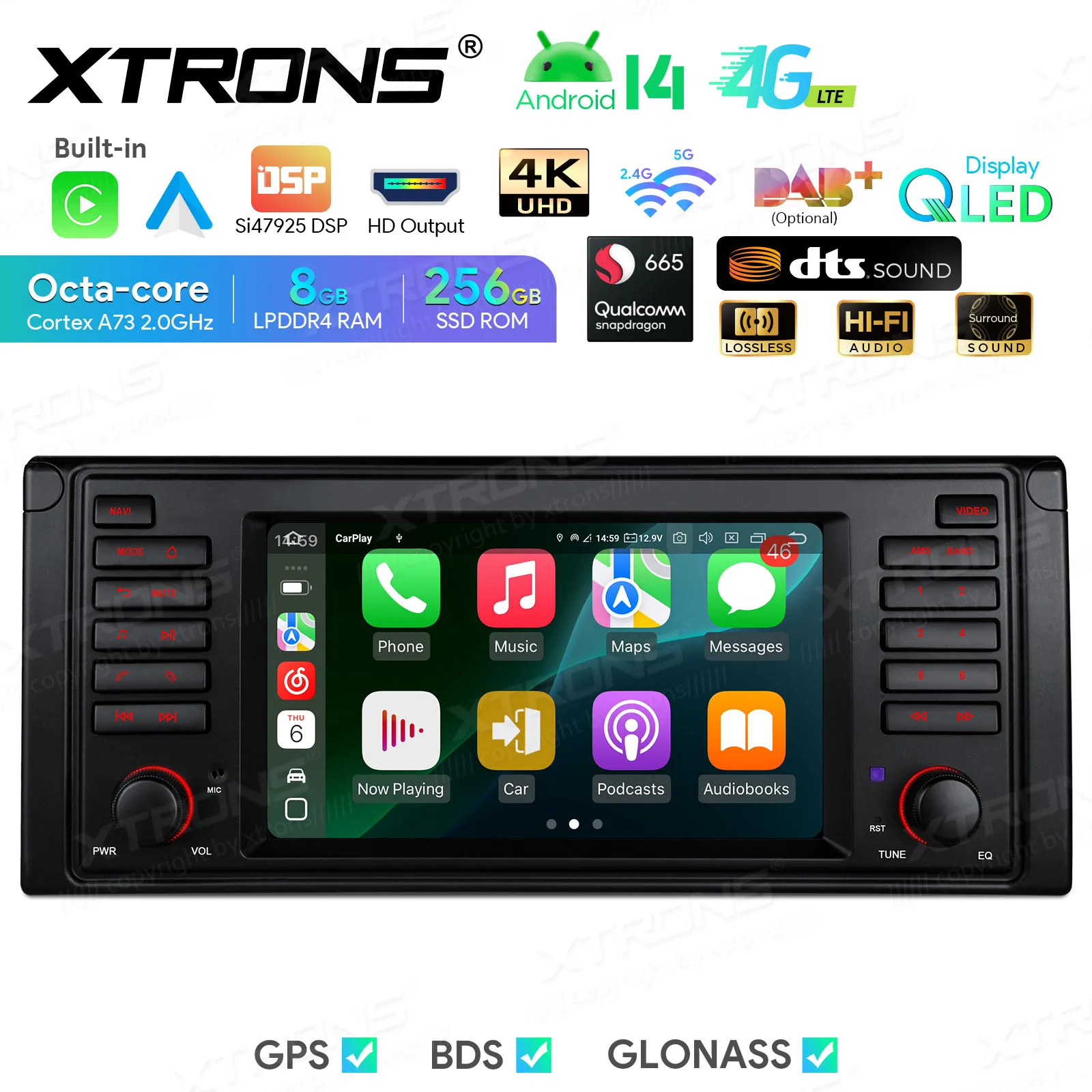 

XTRONS 7 " Qualcomm Octa Core 8 + 256 ГБ Android 14 QLED Автомобильный радиоприемник для E39 M5 Автомобильный мультимедийный плеер Встроенный DSP Carplay AA 4GLTE