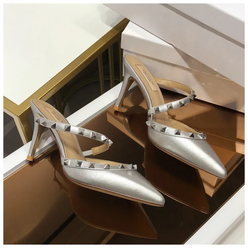 Genuine Leather Gladiator Pumps Sandals Luxury Metal Rivets Summer Women Outdoor Slippers Black Fashion Ankle Strap High Heels41