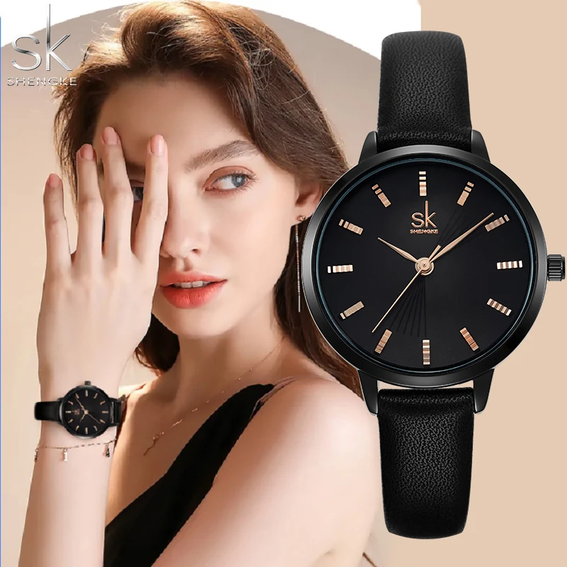 SHENGKE SK Top Luxury Women Watches Black Leather Strap Ladies Quartz Wristwatches Original Design Diamond Womans Clock Dropship