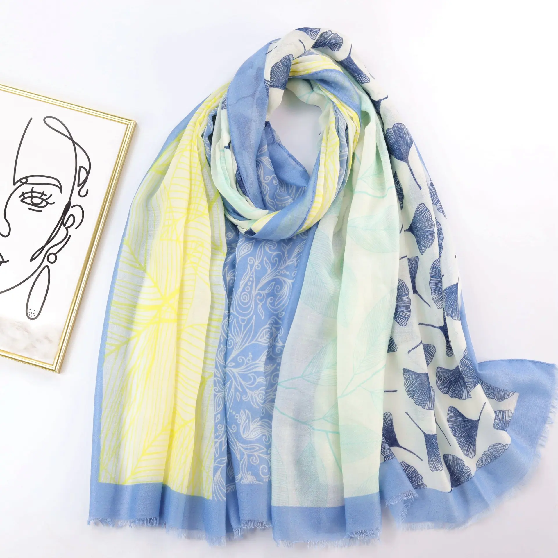 Новинка 2018 красивый шарф с бахромой и принтом листьев гинкго шали Женский