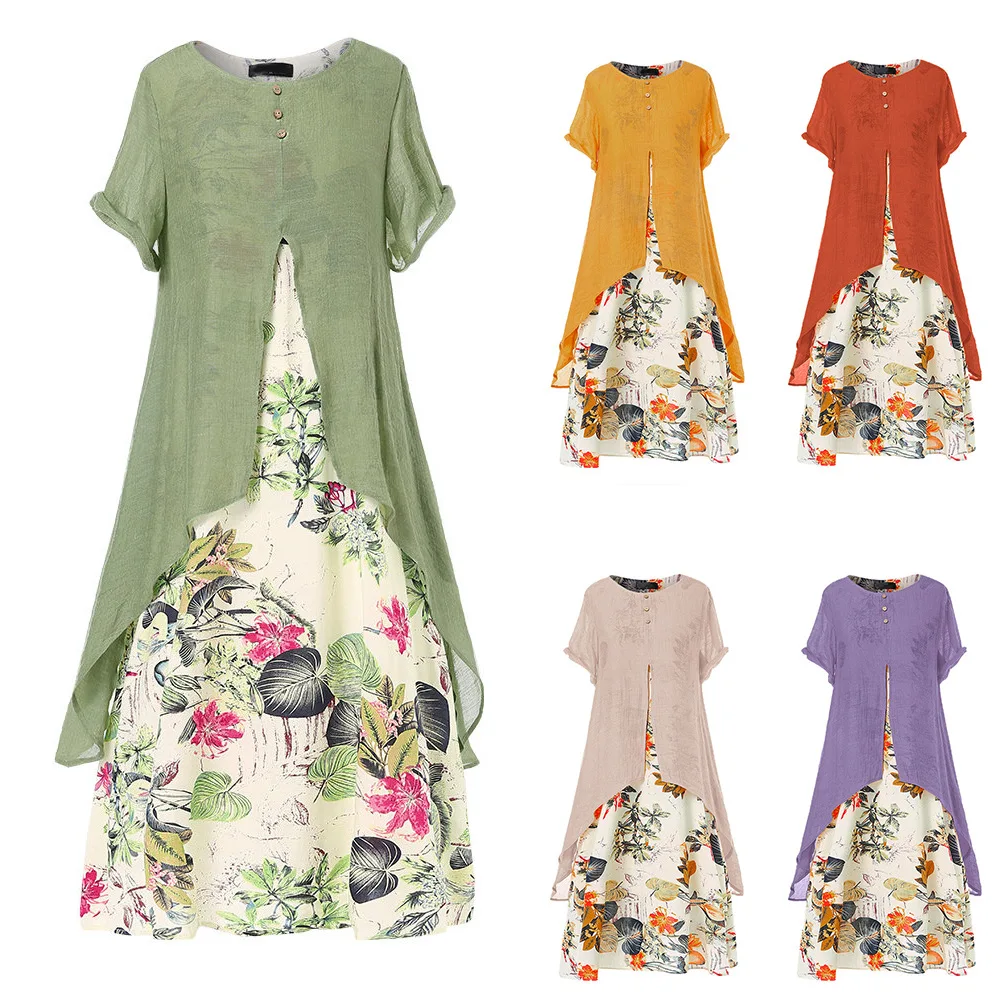 

Vintage Print Women's Casual Large Swing Dress Summer 2022 New Elegant O Neck Splicing Office Lady Loose Long Dresses Wholesale