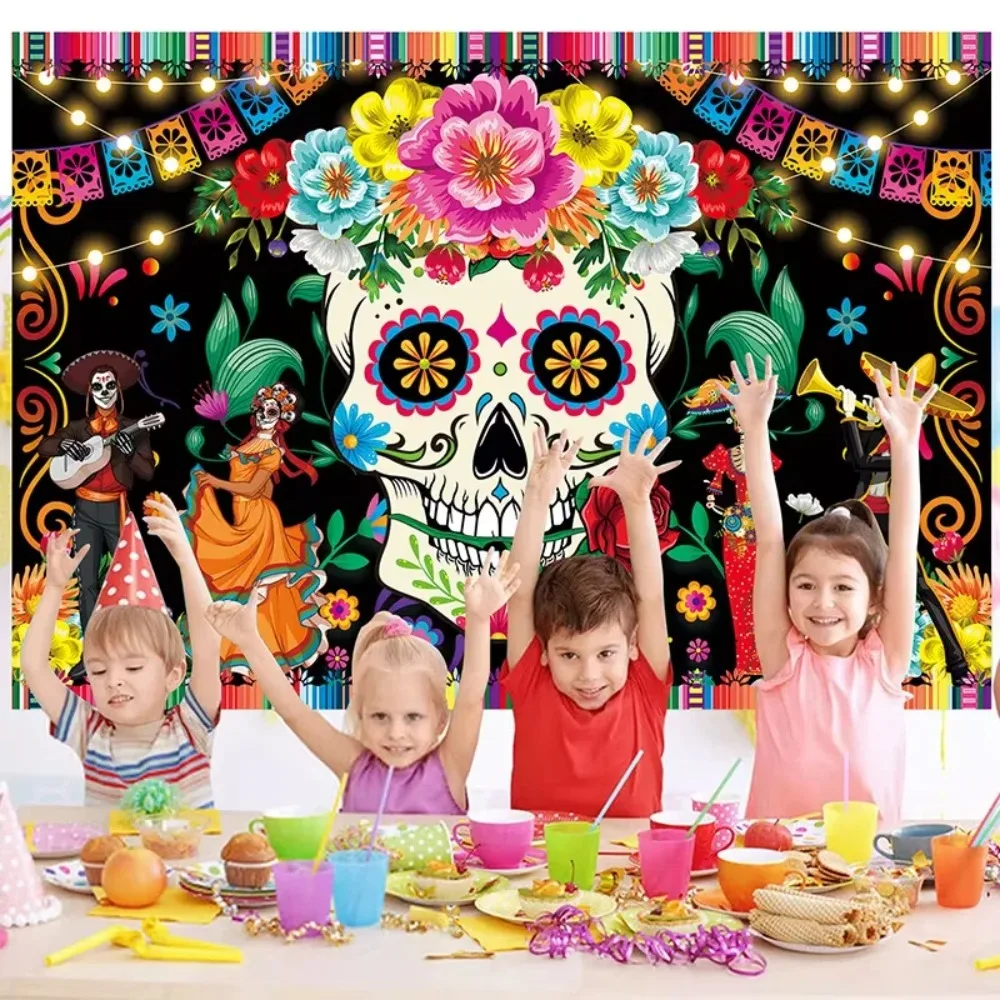 Фото Фон для вечеринки в честь Дня мертвых, мексиканский фон Dia DE Los Muertos, фиеста, сахарный череп, алтарь, реквизит для фотосъемки №2