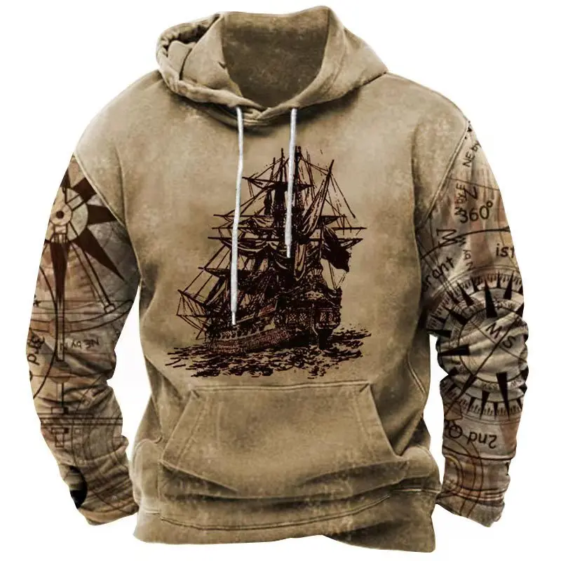 

Vintage Hoodie Men's Hooded Sweatshirt Nautical Printing Pullover Winter Oversized Men Clothes Casual Full Sleeve Streetwear Top