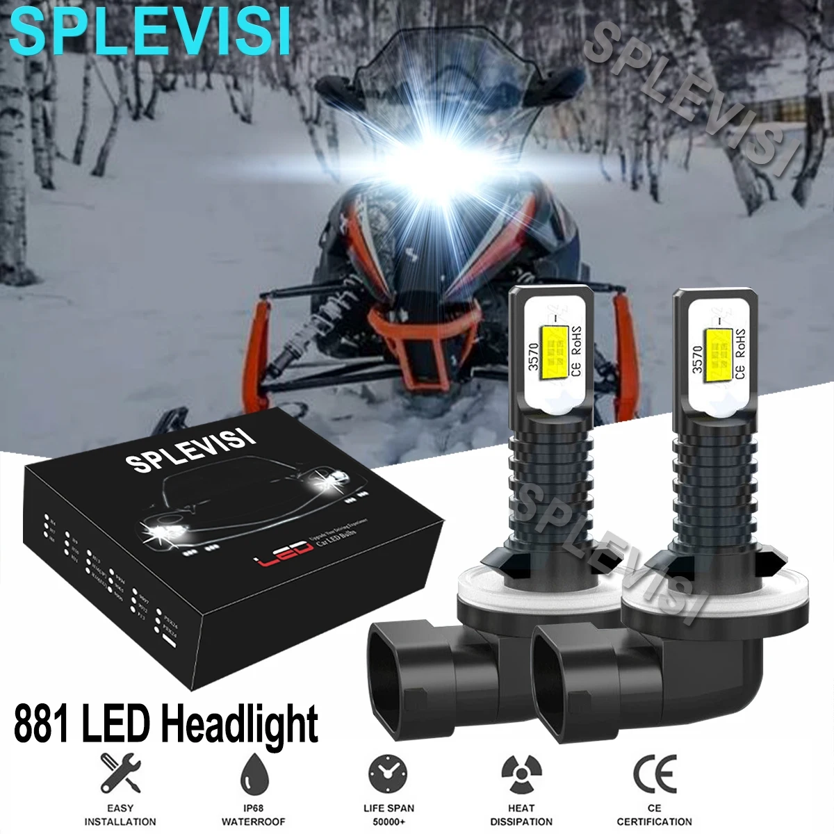 2x 70W LED Headlights Pure White 6000K For Arctic Cat Snowmobiles Crossfire 500 600 700 800