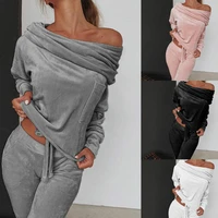 women autumn suits topstrousers fashion clothes sets solid color lady spring off shoulder pullover clothing sports joggers set