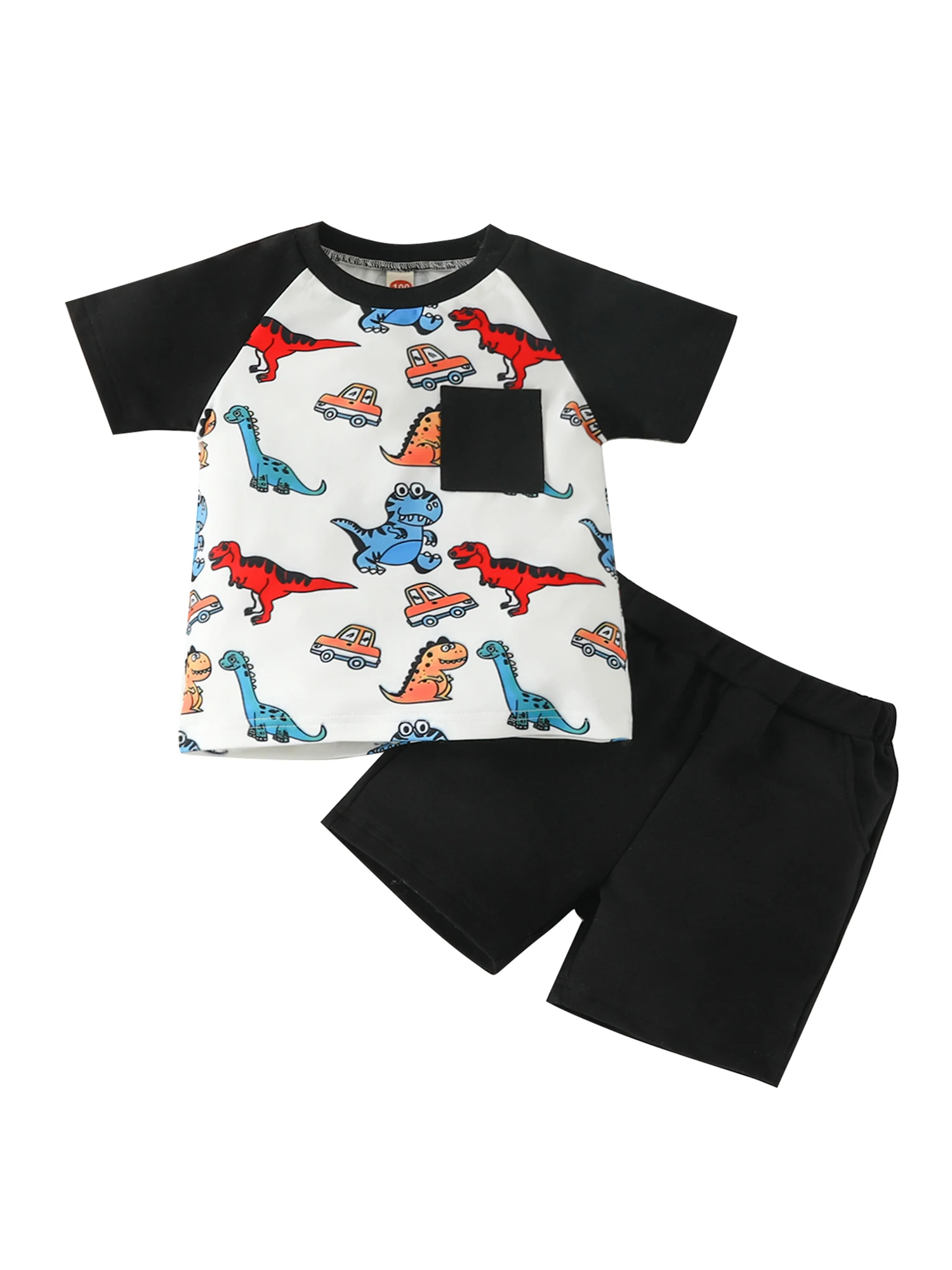 

Kids Boys Summer Outfits Dinosaur Print Crew Neck Short Sleeve T-Shirts and Elastic Waist Shorts 2Pcs Clothes Set (White 4-5