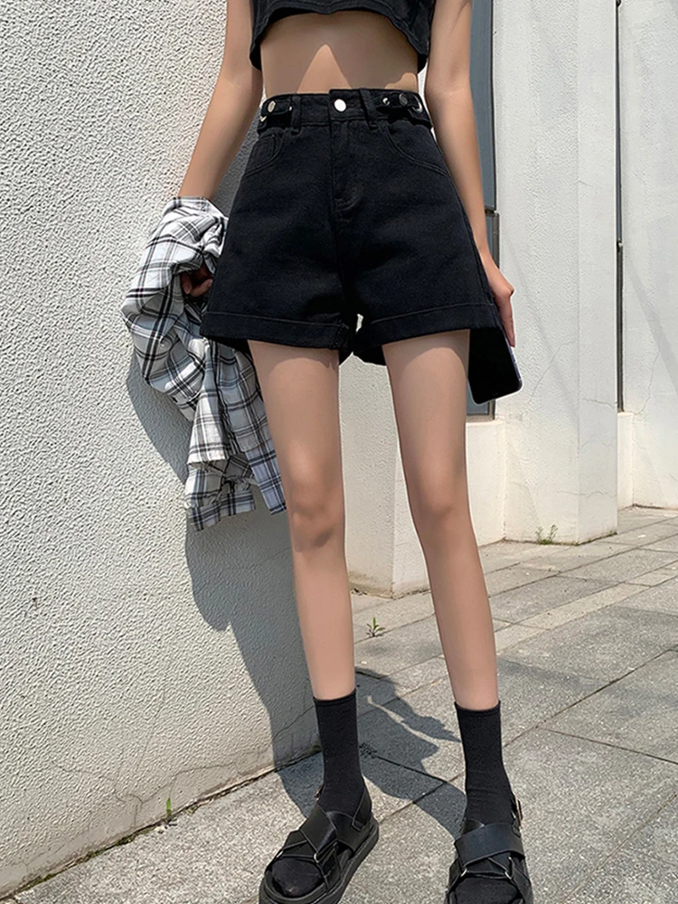 Spring Summer Women High Waist Adjustable Wide Leg Denim Shorts Casual Female Button Straight Jeans Shorts Bottoms