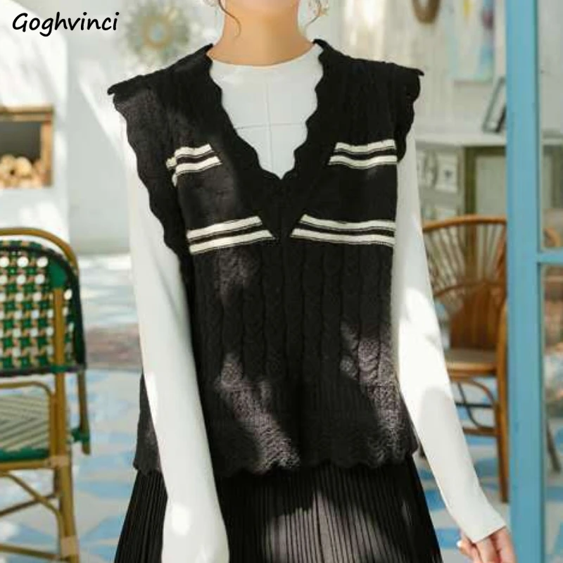 

Sweater Vest Women Retro Casual New Spring Preppy Lovely Wave Edge V-neck Jumper Outerwear Korean Style Female Ins Sleeveless