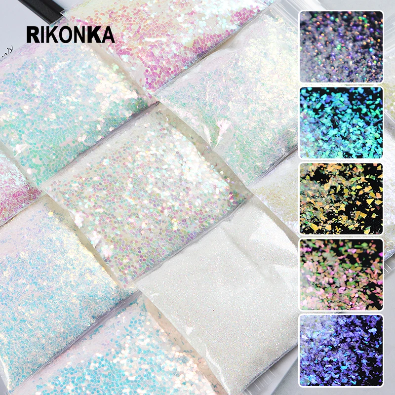 

Iridescent White Chunky Glitter Powder Shiny AB Mermaid Nail Sequins Mirror Paillettes Irregular Flakes For Nail Art Decorations