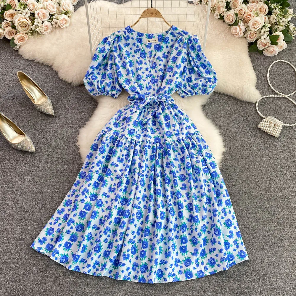 

Dresses for Women Summer Elegant Floral Printing Puff Sleeve Strawberry Dress Lace Up V-Neck Bule/Yellow Vestidos Vintage 2022