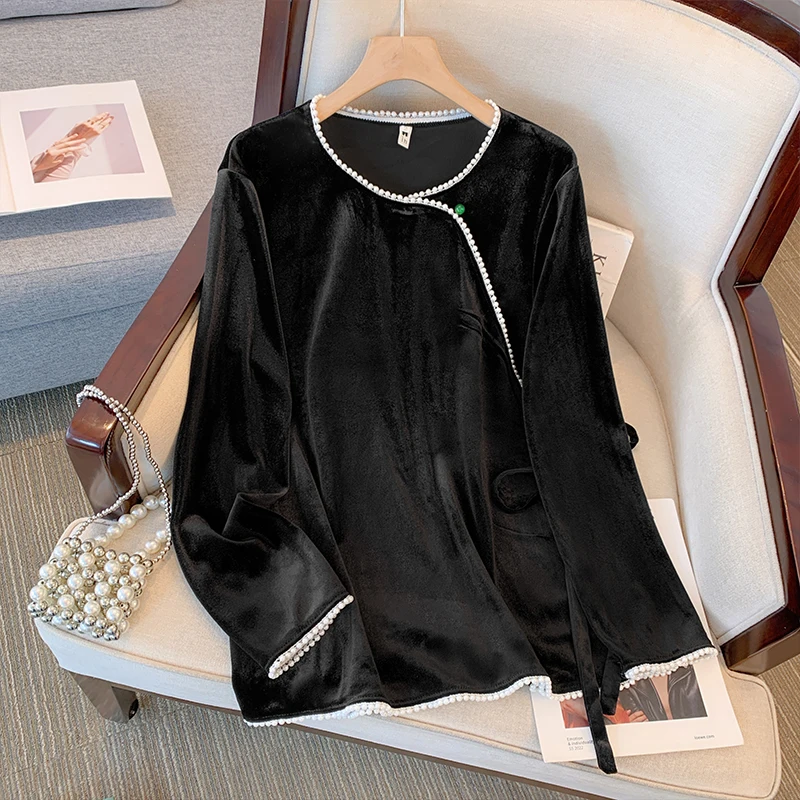 Винтажная блузка с бусинами черная бархатная рубашка в китайском стиле модные