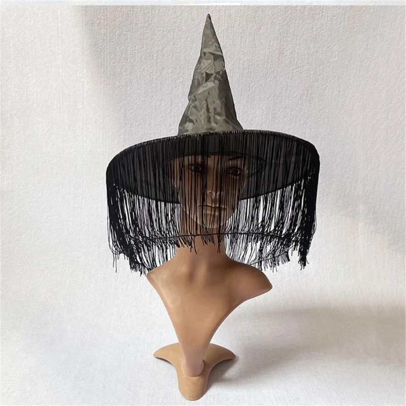 

Adult Teenagers Halloween Witch Hat with Tassels Veil Masquerade Wizard Hat Cosplay Halloween Party Funny Dress Decor