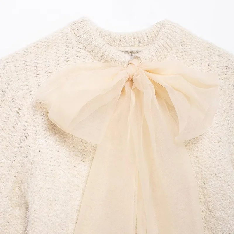 TRAF 2024 женский свитер кардиган укороченный вязаный с бантом осенний трикотаж