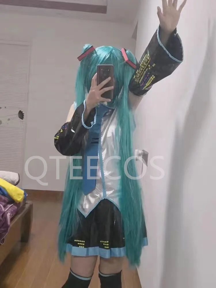 Аниме Вокалоид Мику косплей костюм из искусственной кожи Миди платье для девочек