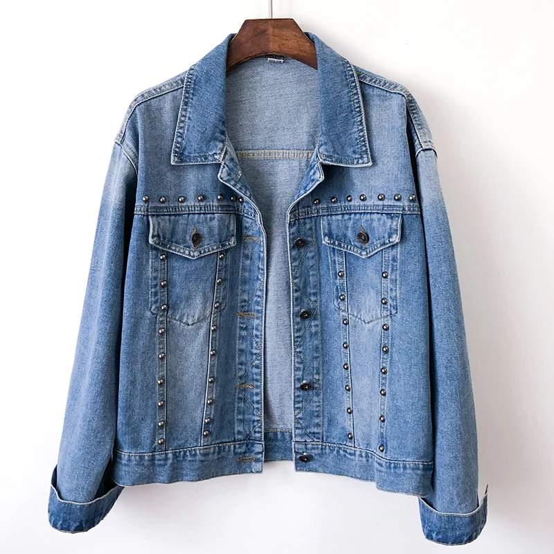 

Vintage Blue Rivet Denim Jacket Women Spring Autumn Korean Loose Casual Short Cowboy Outerwear Big Pocket Jeans Jackets Female
