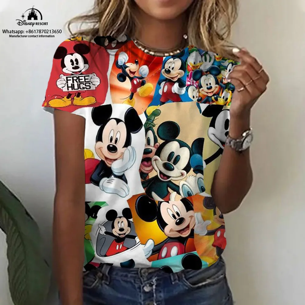 

2023 Mickey and Minnie Anime Summer Disney New Short-sleeved T-shirt Women's Fashion Casual Round Neck Sexy Top Y2K