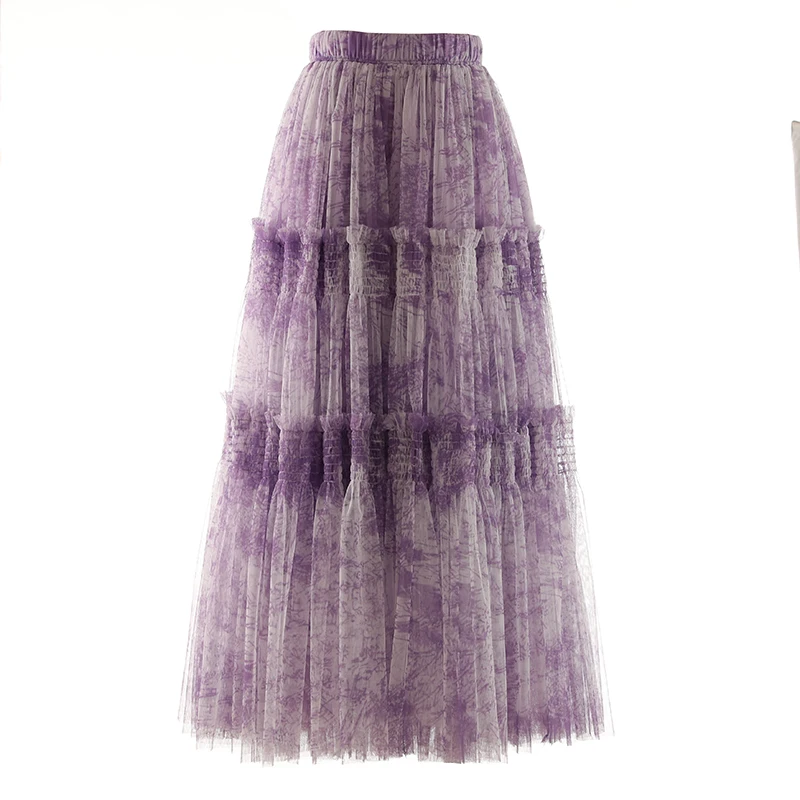 

PHOEBE HZ Chinese Ink Painting Print 2023 New Style Early Autumn Mesh Skirt Elastic Waist Patchwork A Line Tiered Skirt Women