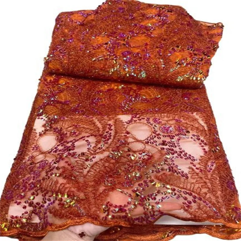 

Оранжевая Роскошная африканская Кружевная Ткань 5 ярдов Высококачественная вышивка блестками французский Тюль нигерийский Свадебный Материал Asoebi