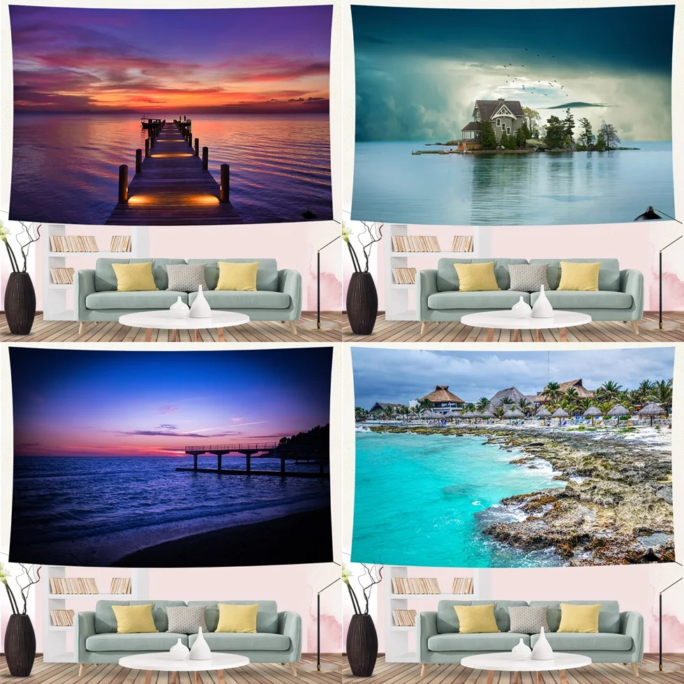 

Window Bridge Sea Tapestry Wall Hanging Ocean Landscape Sunset Living Room Bedroom Party Decor Meeting Table Cloth Wall Carpets