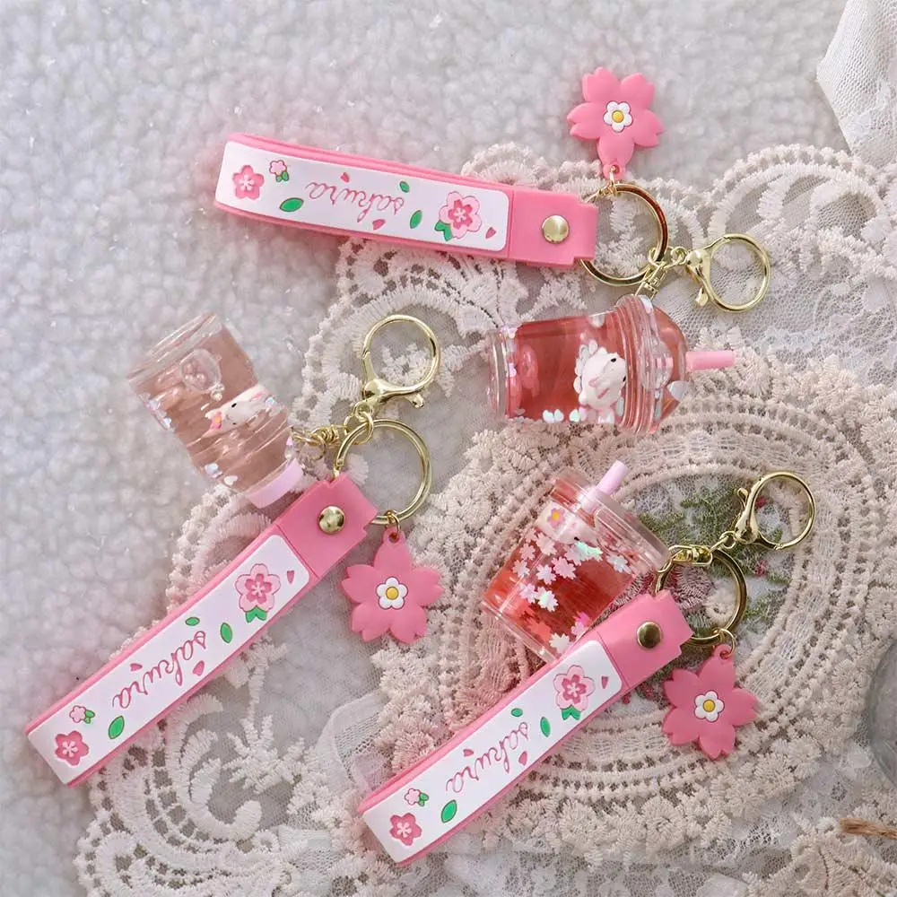 

Sakura Drink Bottle Quicksand Bag Pendant Floating Rabbit Milk Tea Cup Keyring Boba Keychain Liquid Keychain Key Ring