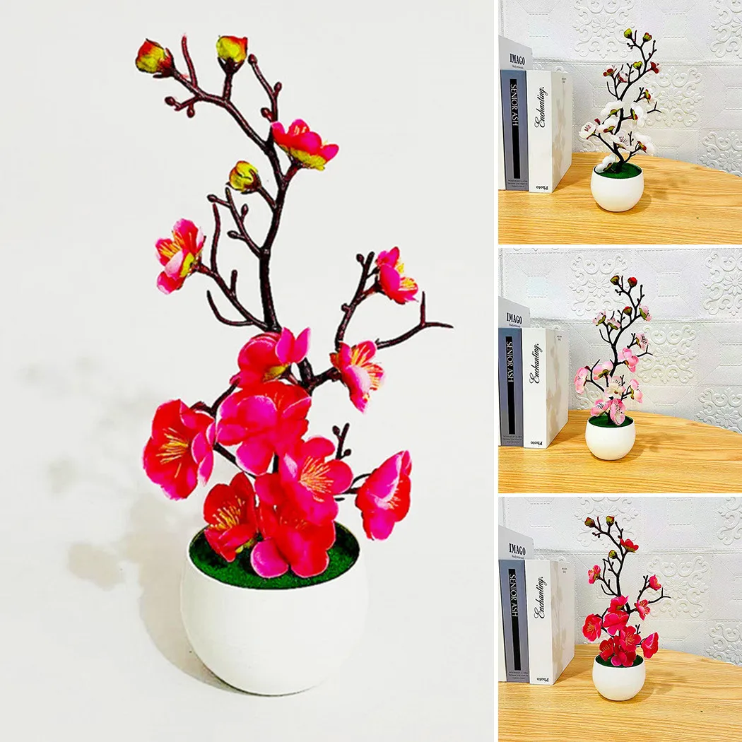 

1pcs Bonsai Silk Flowers Plum Artificial Potted Plants Blossoms Simulation Winter Plum Branch Vases Wedding Home Room Decorate