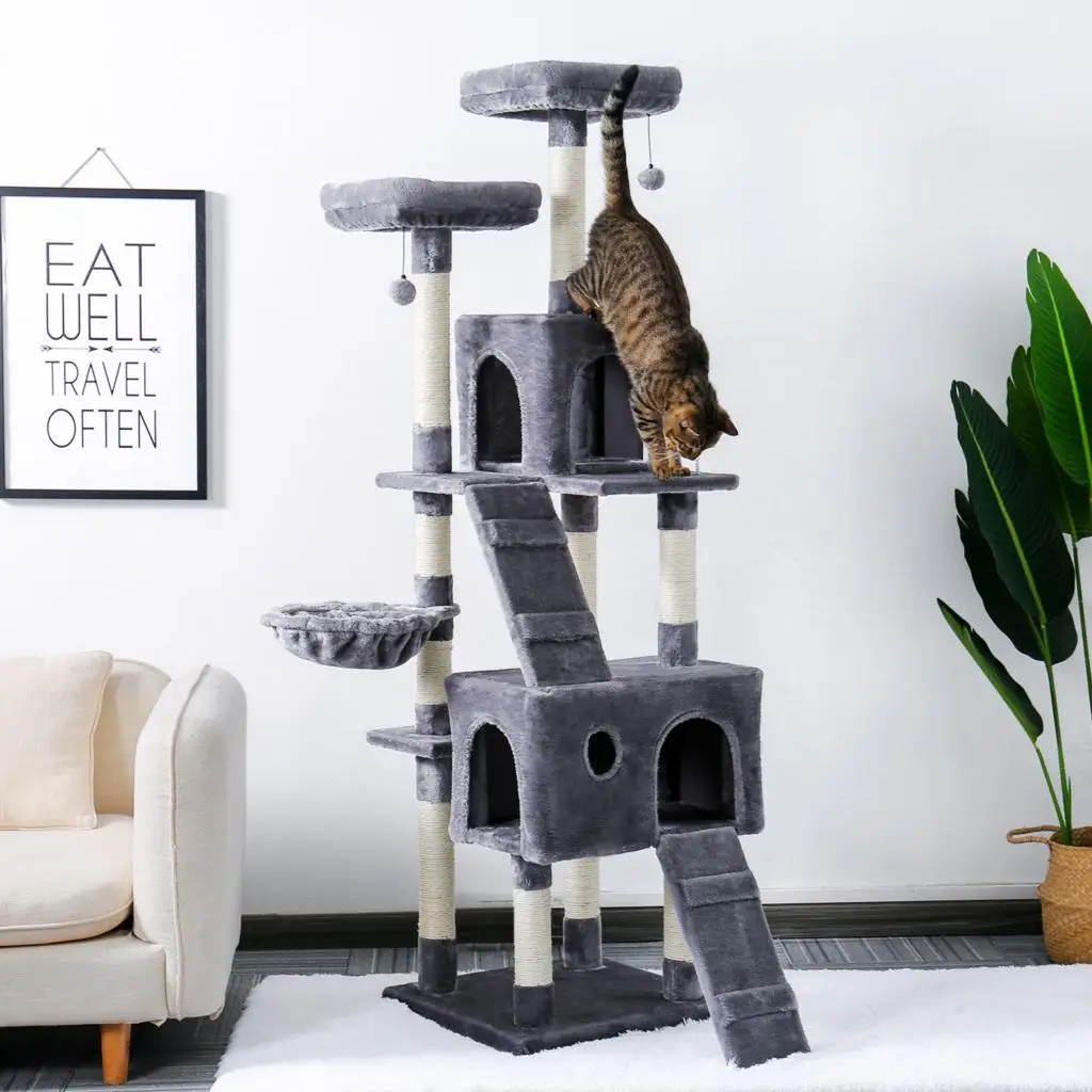 

Multi-level tree with cat crawling post, stable frame with comfortable perch, grey and beige toy metal painting 8*6inchs