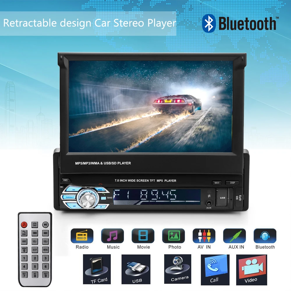 

7" Retractable Autoradio GPS Bluetooth Navigation Black Stereo MP5 Player Touch Screen Support Hands-Free Call Rear Camera