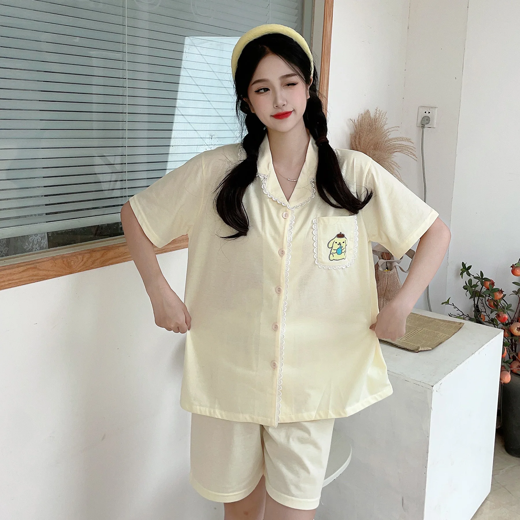 

Kawaii Sanrio аниме Pom Purin пижамы хлопковые летние из двух частей пижама костюм мультфильм с коротким рукавом Домашняя одежда подарок для девочек