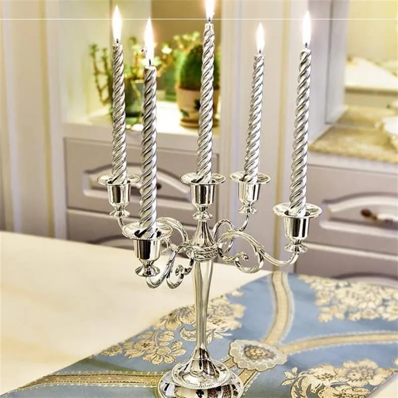 

Hot Metal Candlestick Silver Plated/Gold Plated Candle Holder 5 Arm Stand Zinc Alloy High Quality Post for Wedding Decoration