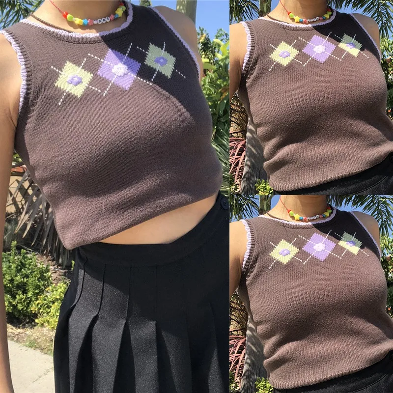 

Новый эстетичный вязаный свитер с цветочной вышивкой, жилеты, Осенний школьный винтажный клетчатый свитер с круглым вырезом и рукавами для ...