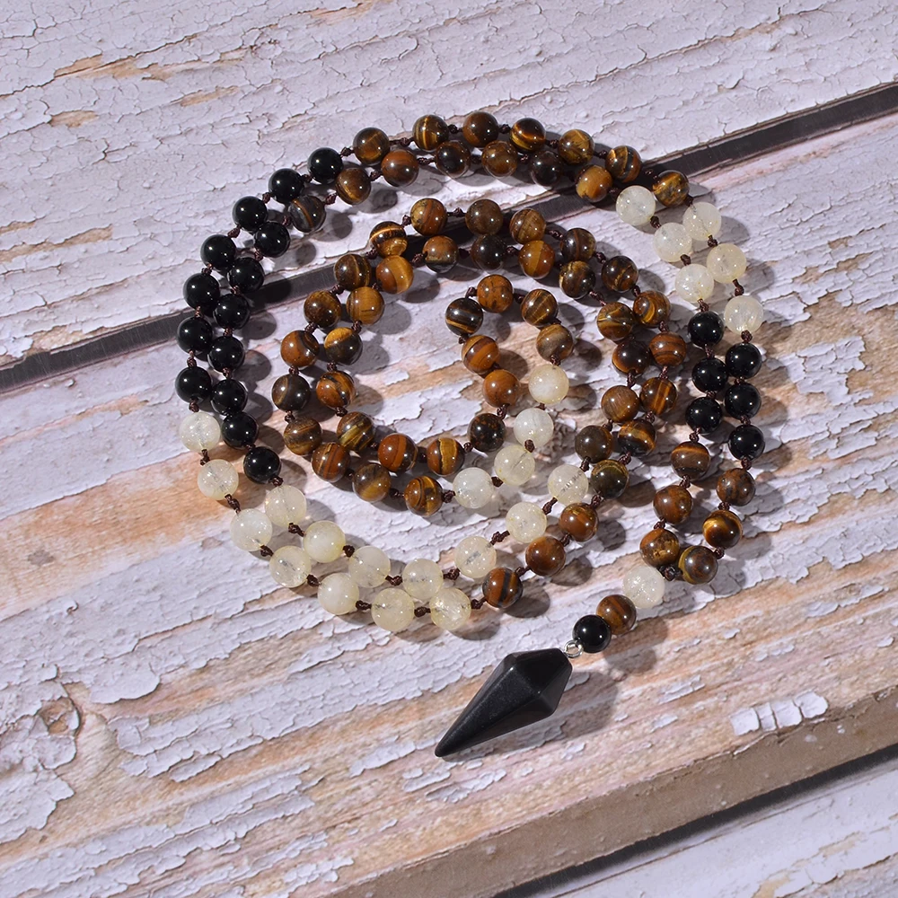 

8mm Citrine Yellow Tiger Eye Beads Knotted 108 Mala Necklace Meditation Prayer Jewelry Black Onyx Tapered Section Pendant Rosary