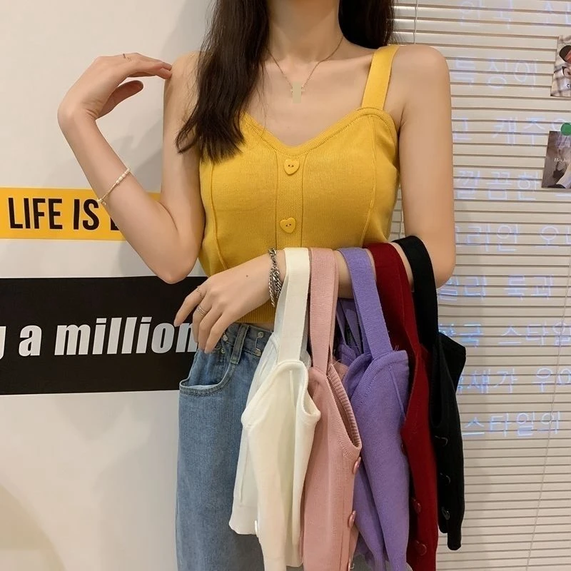 

Women Knitted Button Crop Tank Tops Cute Design Top Sleeveless Straps Tops Sexy Tops Women Summer Solid Camis