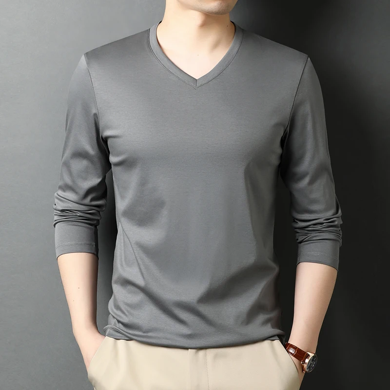 

High End Business New Pure Color Cotton Slim Fit Soft V-neck Classic Casual Long Sleeve Spring Autumn Fashion Mens Polo Shirts