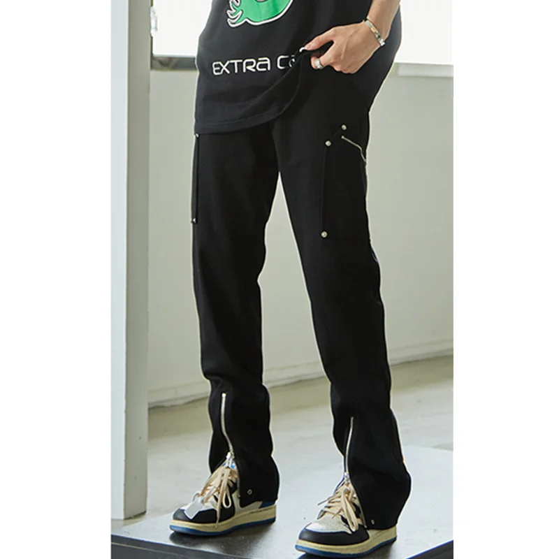 Streetwear Men 2022 New Pattern  Black Casual Pants Multiple Pockets Zipper Straight Cylinder Comfortable Jeans Autumn Female