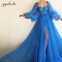 blue tulle prom dresses sweetheart appliques long puff sleeves front split illusion a line party dresses floor length prom gowns