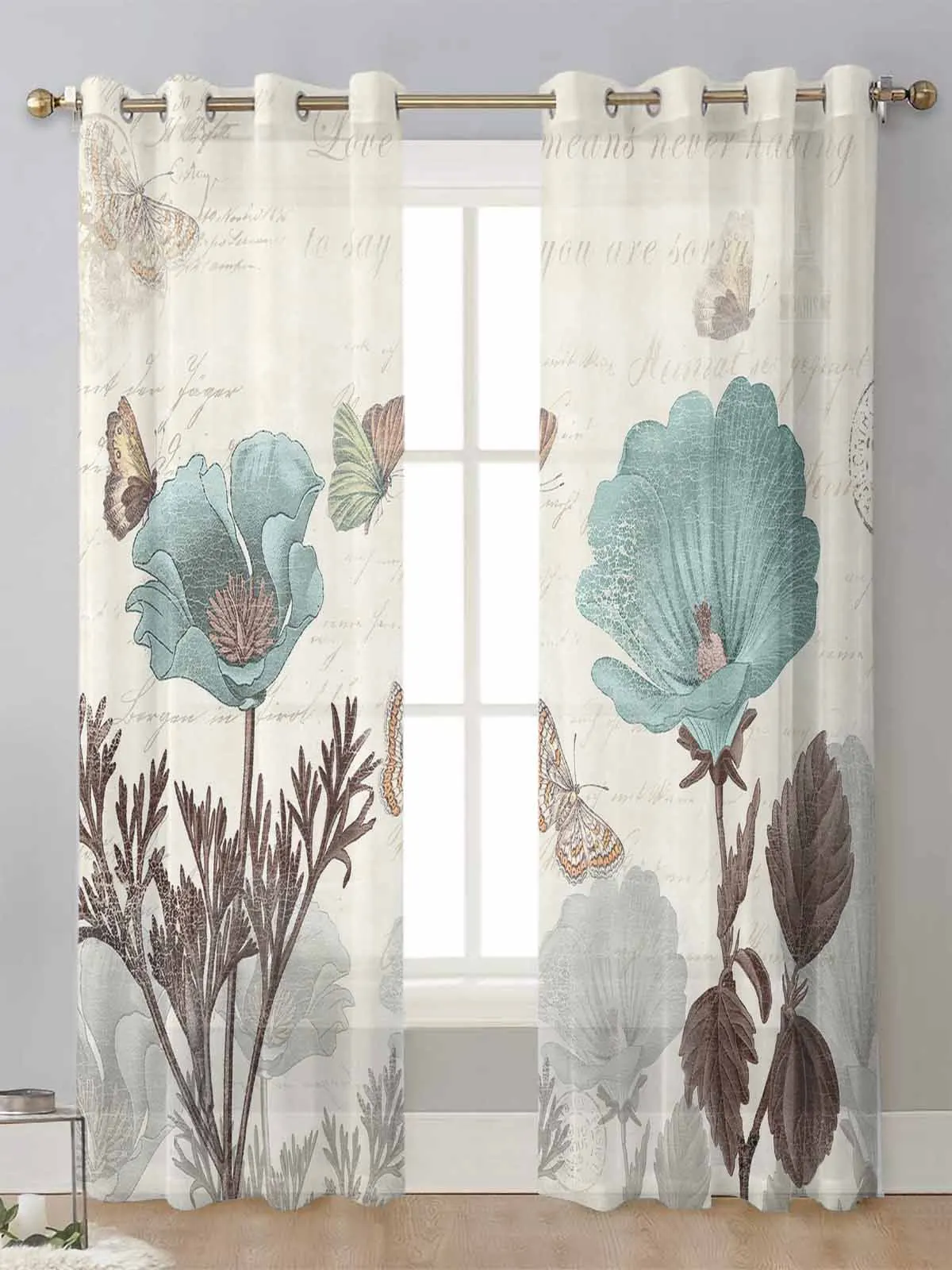 

Vintage Tulip Flower Butterfly Sheer Curtains For Living Room Window Transparent Voile Tulle Curtain Cortinas Drapes Home Decor