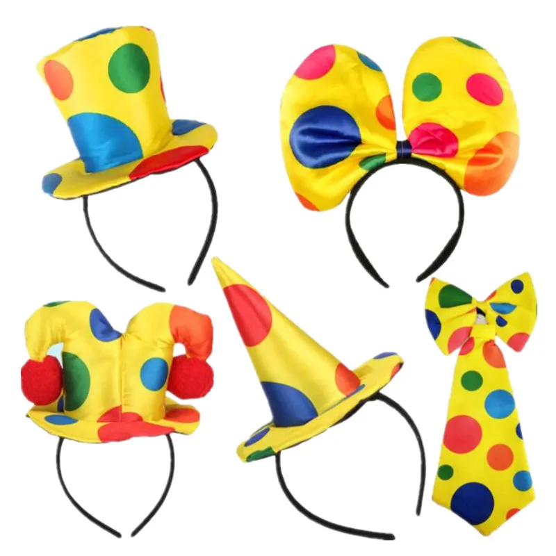 Men Women Boy Girl Polka Dots Clown Headband Circus Hat Hairband Bow Tie Party Top Cap Gift Costume Christmas Halloween Cosplay