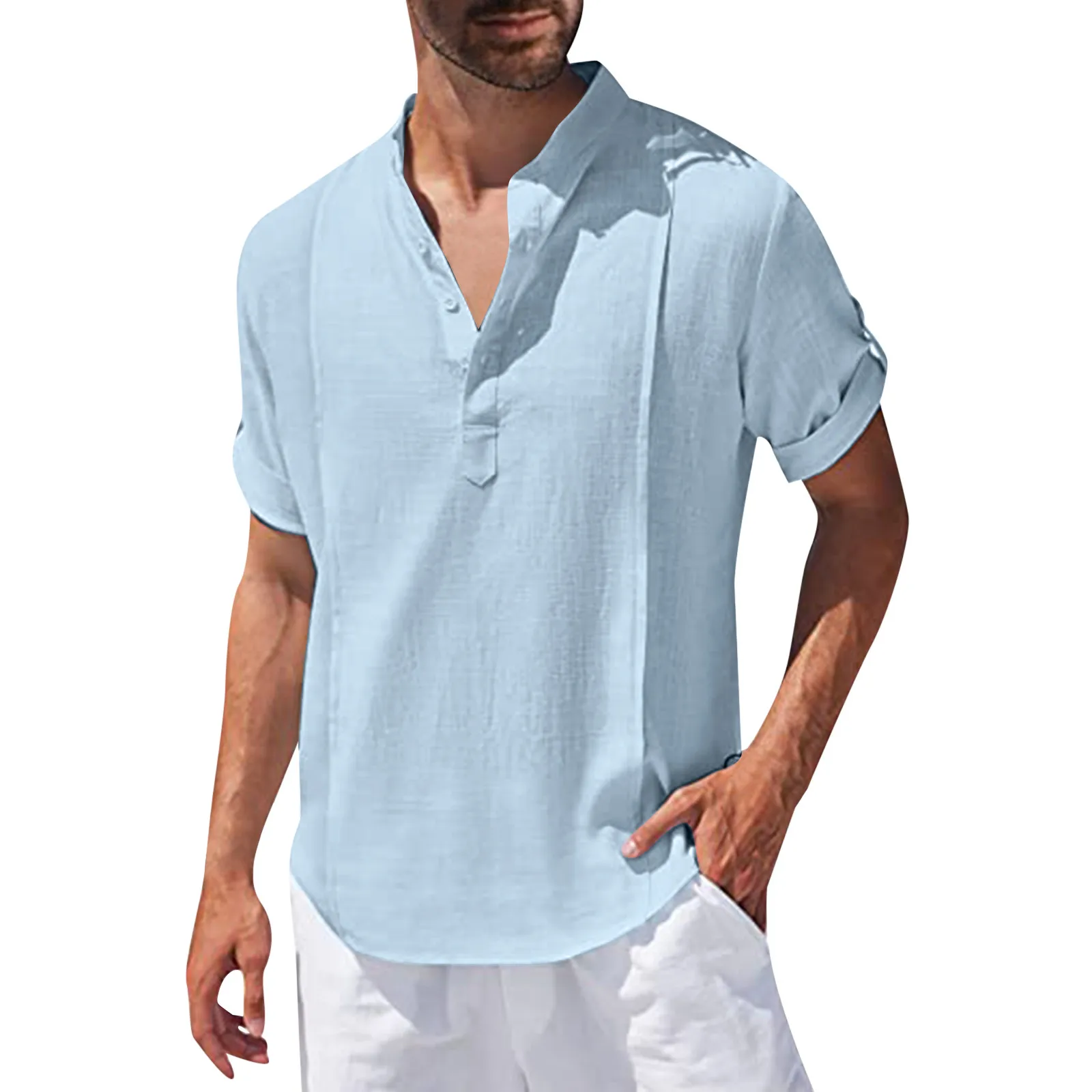 

Mens Spring And Summer Solid Color Cotton And Linen With Holes And Lapels And Half Buttoned Short Sleeved Blusas Solid Shirts