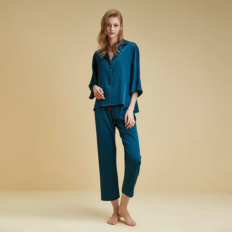 Summer Thin Section Ice Silk Women Pajama Sets Lapel 3/4 Sleeves Pajamas Set Elegant Night Wears for Women's Sets Free Shipping