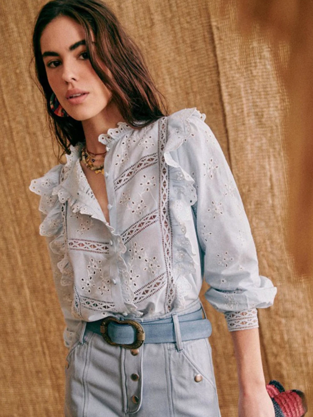 

Y2K Aich Mirror Blue Flower Embroidery Graphic Print Women Shirt Long Sleeve Button Cardigan Vintage Office Classic Casual Lady