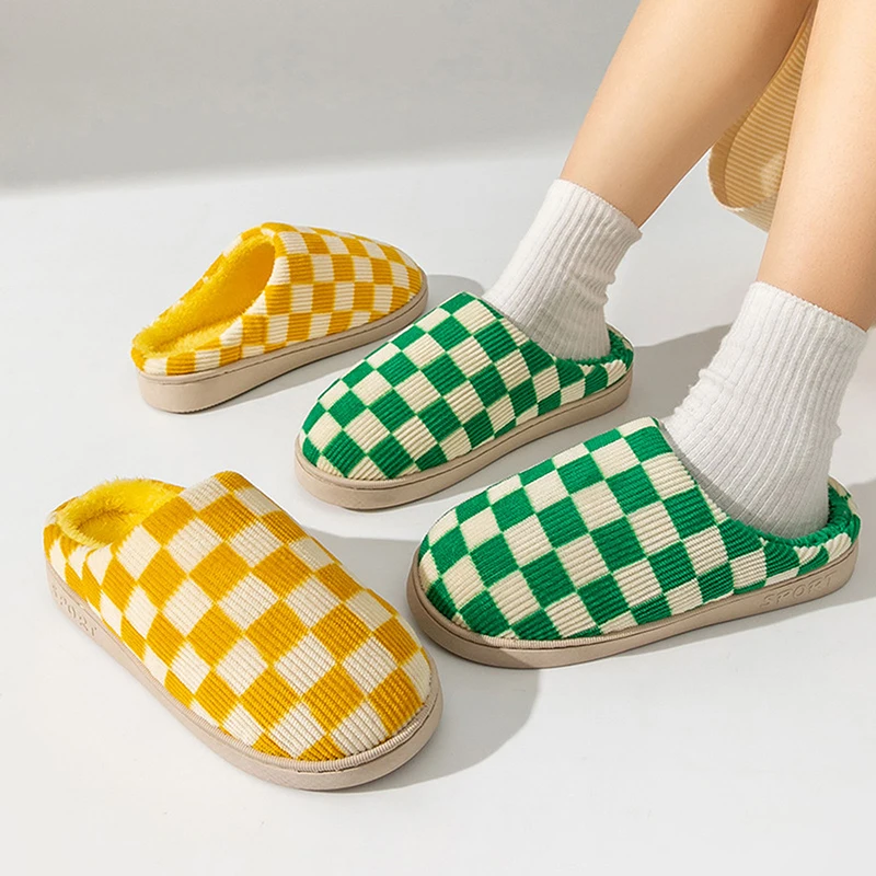 

Winter Comfortable Women Slippers Warm Plaid House Slides Checkerboard Fashion Indoor Slippers Couple Girls Plush Slides