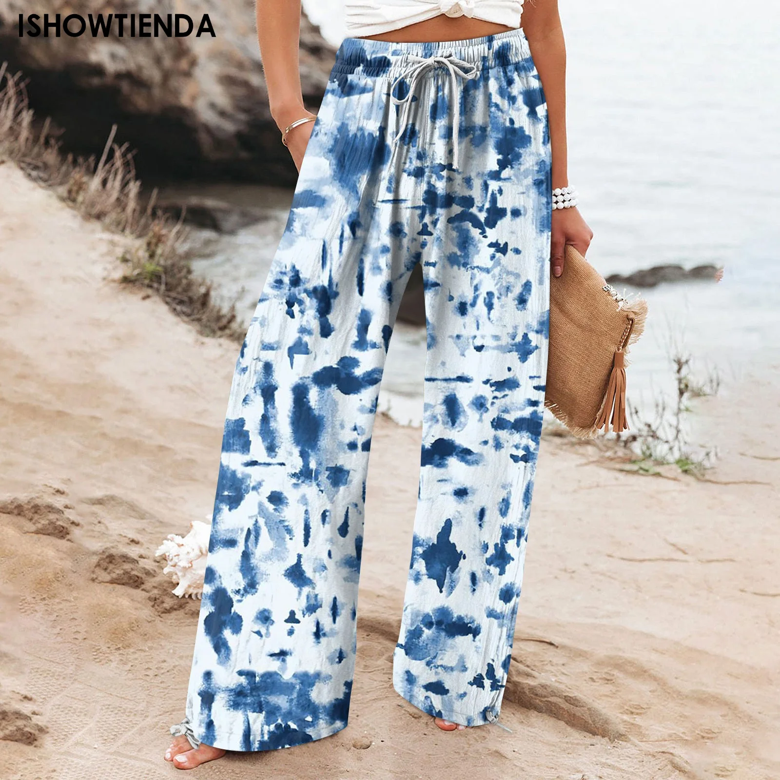 

Брюки женские прямые с карманами, с эластичным поясом и высокой талией