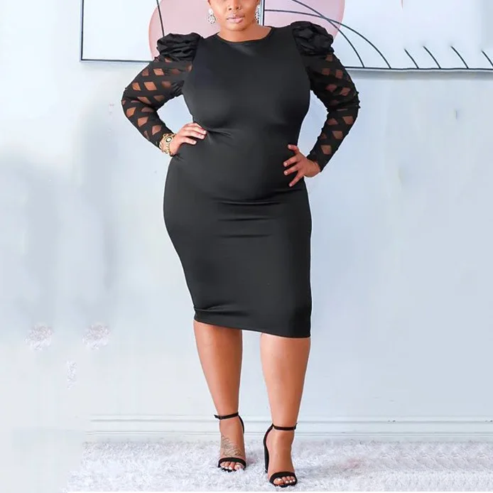 Plus Size Dresses for Women Black Large Bodycon High Waisted Full Sleeve Round Neck Mid Calf Elegant Oversized Autumn Dress Big