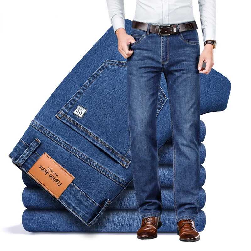 2022 Fitted Straight Stretch Men's Jeans Business Casual Office Mid High Waist Fashion Slim Denim Jeans